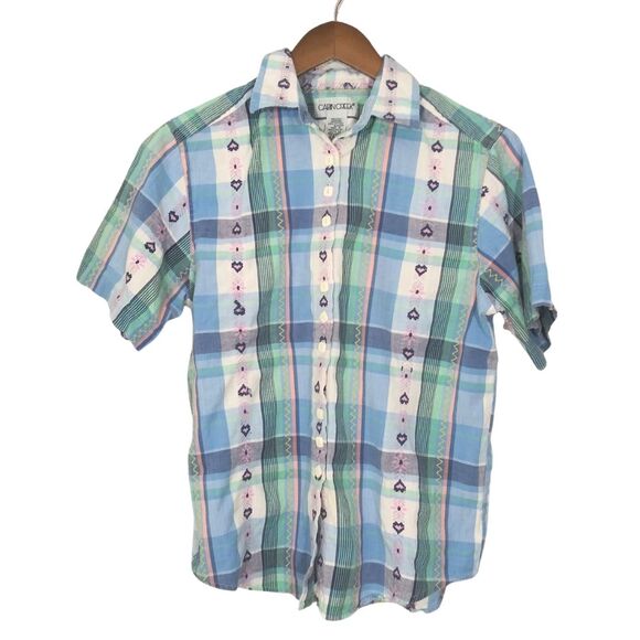 Vintage Cabin Creek Blue Plaid Heart Motif Soft Girl Button Front Shirt Medium - Picture 7 of 7